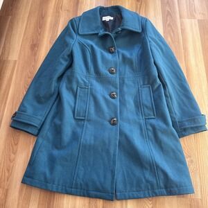 Merona Coat Peacock Blue/Teal Wool Pea Coat Lined Warm Long Jacket Size Large